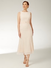 preiswerte Teelänge-zweiteiliges Etui-/Säulenkleid für die Mutter der Braut, elegantes Übergrößen-Ringhalskleid in Wadenlänge, ärmelloses Chiffon-Wickelkleid mit Schärpe/Band, Falten, Perlenbesatz, 2025