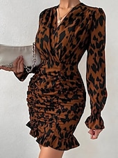 tanie Bodycon Club Dresses-Damskie Sukienka mini Codzienne sukienki Bodycon Elegancki Codzienny Urlop Codzienny Regularny Kwiaty Długi rękaw W serek Brązowy Wiosna Jesień