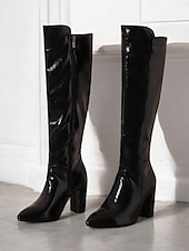 baratos Botas da moda-botas femininas pretas de couro envernizado até o joelho com saltos altos, design elegante para uso noturno moderno e ocasiões especiais