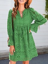 economico Abiti floreali-Per donna Abito casual Mini abito Cotone Con ricami Da mare Spiaggia Informale A V Manica lunga Manica a sbuffo Bianco Verde Colore