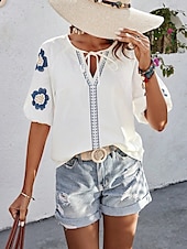 preiswerte Damen Urlaub Oberteile-Damen Hemd Bluse Blumen Stilvoll Brautkleider schlicht Kurzarm V Ausschnitt Normale Oberteile Täglich mit Schnürung Bestickt Weiß Marineblau Sommer Frühling