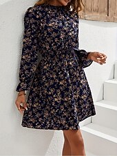 cheap Casual Floral Dresses-Women&#039;s Normal Midi Dress Chiffon Dress Elegant Vacation Date Regular Fit Floral Graphic Long Sleeve Stand Collar Navy Blue Spring Fall