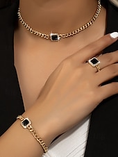 baratos Colar Feminino-conjunto de joias de corrente de ouro feminino com pedra preciosa quadrada vermelha – colar, pulseira e anel para casamentos, festas e ocasiões elegantes
