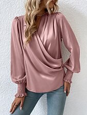 voordelige Elegante topjes-Dames Overhemd Blouse Effen Kleur Zakelijk Modern Casual Lange mouw V-hals Normale tops Werk Formele kleding Met ruches Zwart Blozend Roze Zomer Lente