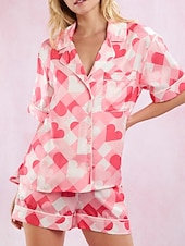 ieftine Seturi noapte pentru femei-Pentru femei Set pijama Casual Confortabili Inimă Butonul sus Buzunar Talie elastică Cămașă Pantaloni Scurți Casă Ziua Îndrăgostiților Zilnic Manșon scurt Guler Cămașă Roz Îmbujorat Fucsia Var