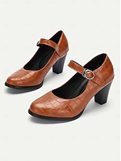abordables Block Heels-escarpins Mary Jane roses classiques pour femmes - bout rond, bride à la cheville, talon moyen, tenue de travail de bureau
