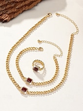 baratos Colar Feminino-conjunto de joias de corrente de ouro feminino com pedra preciosa quadrada vermelha – colar, pulseira e anel para casamentos, festas e ocasiões elegantes