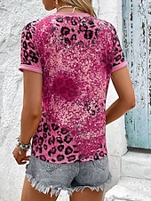 abordables T-shirt Art &amp; Design-Femme T shirt Léopard Lettre Décontractées Manche Courte Col Rond Hauts réguliers du quotidien Imprimer Fuchsia Eté