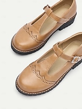 abordables Années 1950-chaussures Mary Jane en similicuir marron clair pour femmes avec bride en T et détails brogue, semelle robuste pour un port quotidien confortable et des tenues de style vintage