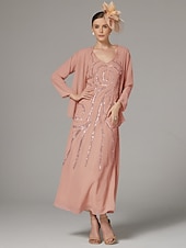 abordables Avec veste-tailleur-pantalon fourreau deux pièces robe de mère de la mariée mariage de plage élégant scintillant&amp;amp;Robe longue en mousseline de soie à paillettes et col en V brillant, longueur cheville,