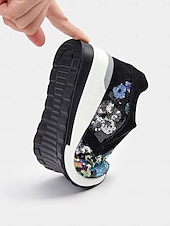 levne Dámské tenisky-dámské květinové flitrové slip-on tenisky - pohodlné třpytivé ležérní boty s klínovou podrážkou, ideální na procházky nebo párty