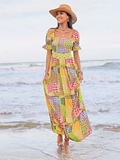olcso Vakációs ruhák-női alkalmi ruha grafikus geometriai patchwork print pánt nélküli puffos ujjú hosszú ruha maxi ruha alkalmi otthoni munka rövid ujjú nyár ősz