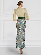 billige GRØNN-Sheath  Kolonne Kveldsdrakt Elegant Kjole Formell Bryllup Ankellengde Lange Ermer V-Krage Belte  Sash Paljett med Slisse Broderi Applikasjoner