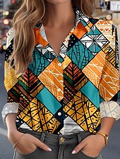 economico Top d&#039;Arte e Design per Donne-Per donna Camicia Blocco di colori Casual Manica Lunga Colletto a Camicia Top Regolari Quotidiano Ferie Bottoni Stampato Arancione Primavera Autunno Inverno