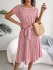 cheap Casual Floral Dresses-Women&#039;s Midi Dress Casual Dress A Line Dress Stylish Casual Vacation Daily Regular Fit Floral Short Sleeve Crew Neck Pink Light Blue Summer Spring