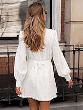 abordables robes imprimées en coton et lin-Femmes Mini Robe Robes inspirées du lin Robe en coton et lin Robe trapèze Élégant Basique Occasionnel Vacances Soirée Travail Coupe régulière Uni manche longue Col haut Blanche Été Printemps Automne