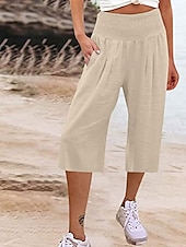 billige Vanlig linbukse i bomull-Dame Shorts i bomullslin Lin-inspirerte bukser Linbukser i bomull Mote Gatemote Ankel-lengde Høy Midje عادي Lomme Elastisk midje comfy Myk Bekvem Mikroelastisk utendørs Gate Aprikos Svart Sommer Vår