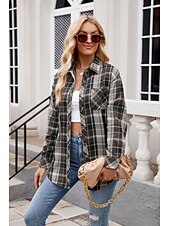 cheap Women&#039;s Graphic Tops-Women&#039;s Shirt Boho Shirt Dressy Tops Plaid Casual Boho Long Sleeve Bishop Sleeve V Neck Long Tops Work Daily Going out Pink Dusty Blue Purple Khaki Dark Gray Spring Fall