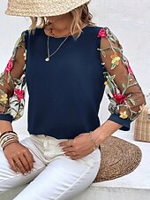 Damskie Koszula Bluzka Kwiaty Elegancki Codzienny Rękaw 3/4 Półgolf Zwykłe topy Codzienny Siateczka Haft Nadruk Czarny Granatowy Lato Wiosna tanie Eleganckie topy-Damskie Koszula Bluzka Kwiaty Elegancki Codzienny Rękaw 3/4 Półgolf Zwykłe topy Codzienny Siateczka Haft Nadruk Czarny Granatowy Lato Wiosna