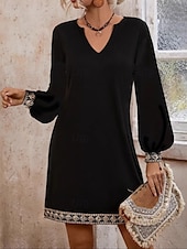 abordables robe noire midi-Femme robe longue Robe casual Robe Trapèze mode basique Décontractées Vacances Soirée robe demoiselle d honneur Standard Plein manche longue Col V Noir Eté Printemps