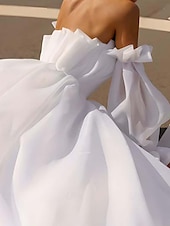 billiga Lyxiga brudklänningar-Strandbröllopsklänningar A-Linjeformad Off Shoulder Med Avtagbar Ärmar Golvlängd Organza Bröllopssuits Bröllopsklänningar Med Fållar