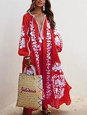 ieftine Rochii casual florale-Pentru femei Rochie Maxi Rochie casual Rochie A line Rochie Boho Stilat Casual Vacanță Zilnic Dată Potrivire Largă Grafic Manșon Lung În V Roșu-aprins Albastru Deschis Primăvară Toamnă