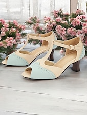 cheap 1930s-Women&#039;s Vintage Colorblock T-Strap Peep-Toe Heels – Elegant Mid Heel Sandals with Buckle Closure for Office, Casual &amp; Formal Occasions