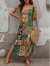 preiswerte Boho Kleider-Damen Maxikleid Freizeitkleid Boho Chic Kleider Maxidress Sommerkleid Bohemien Niedlich Stilvoll Urlaub Täglich Strand Normale Passform Grafik Kurzarm Rundhalsausschnitt Grün Sommer Frühling