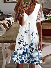 お買い得  花柄のドレスを印刷する-女性用 標準 EU / USサイズ ミディドレス 長袖ボヘミアンドレス サンドレス エレガントなドレス エレガント ボヘミア トロピカル風 レーススリーブ パーティー 日常 デート ルーズフィット フラワー マーブルプリント 半袖 Ｖネック ライトピンク ホワイト ブルー ライトパープル 夏 春 秋