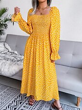 abordables Robe de la laitière-Femme Robe Maxi Robe Maxi Robe de laitière Robe smockée Soirée Hawaïen mode Vacances Travail du quotidien Standard Pois manche longue Col Carré Jaune Rose Claire Printemps Automne