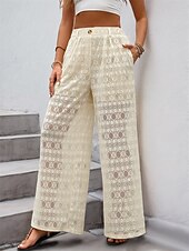 economico gamba larga e vita alta-Per donna Sfacciato Di tendenza Streetwear Moda Lunghezza intera Vita alta Liscio Pizzo Lavorato a maglia comodo Morbido Comodo Media elasticità Esterno Da mare Feste Tessuto almond Estate Primavera