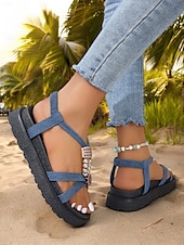 cheap Vacation Sandals-Women&#039;s Denim T-Strap Sandals with Beaded and Embellished Details, Lightweight Sole, and Boho Style for Beachwear and Summer Casual Outfits