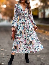 ieftine Rochii florale elegante-Pentru femei Rochie Lunga Rochie Maxi Rochie casual Rochie A line Rochie florala Rochie de vară Elegant Stilat Vacanță Zilnic Dată Fit regulat Floral Manșon Lung În V Roz Îmbujorat Albastru Deschis