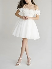 cheap Cocktail Dresses-A-Line Cocktail Dresses Elegant Dress Homecoming Cocktail Party Short / Mini Short Sleeve Off Shoulder Satin with Shouder Flower Derby Dresses 2025