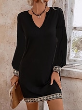 abordables robe noire midi-Femme robe longue Robe casual Robe Trapèze mode basique Décontractées Vacances Soirée robe demoiselle d honneur Standard Plein manche longue Col V Noir Eté Printemps