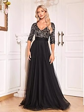 preiswerte BLAU-A-Linie Abschlussballkleider Glitzerndes Kleid Formelle Hochzeit Bodendeckend Langarm V-Ausschnitt Tüll mit Glitzer