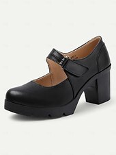 cheap Platform Heels-Women&#039;s Brown Mary Jane Heels with Velcro Strap – Comfortable Chunky Heeled Shoes for Casual and Everyday Wear
