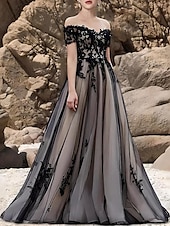 cheap Prom Dresses-A-Line Prom Dresses Elegant Dress Formal Cocktail Party Sweep / Brush Train Short Sleeve Sweetheart Tulle with Beading Appliques 2025
