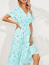 billiga Eleganta blommiga klänningar-Dam Midiklänning Vardagsklänning Swingklänning A linjeklänning Stylish Ledigt Semester Dagligen Normal Blommig Kortärmad V-hals Svart Vit Gul Rodnande Rosa Sommar