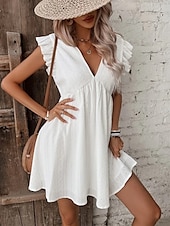 preiswerte Kleider aus Baumwolle und Leinen entwerfen-Damen Minikleid Baumwoll-Leinen-Kleider Basic Lässig Urlaub Täglich Normale Passform Einfach Ärmellos V Ausschnitt Weiß Sommer