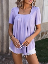 cheap T-shirts-Women&#039;s Boho T-shirt Plain Bohemia Stylish Basic Short Sleeve Puff Sleeve Square Neck Regular Tops Daily Going out Weekend Dressy Tunic Black White Light Green Pink Royal Blue Summer