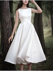 voordelige Kleine witte jurkjes-Kleine Witte Jurken Boho Bruiloft Jurken A-Lijn Scoop Hals Mouwloos Knielengte Jersey Bruidssuits Bruidsjurken Met Plooi Effen Kleur