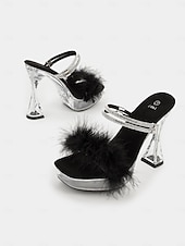 voordelige Nachtleven feest-rode met veren versierde, doorzichtige platformhakken voor dames – glamoureuze open sandalen voor avondevenementen en optredens