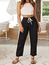 baratos Calça de linho de algodão simples-Mulheres Calças de linho de algodão Calças Leve Casual Mimolet Cintura Média Tecido Bolsos Com Cordão Respirabilidade Confortável Sem Elasticidade Casual / Diário Final de semana Azul de céu claro