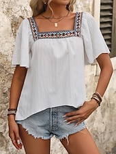 abordables Hauts de Vacances pour Femmes-Femme Chemise Chemisier Couleur unie mode Décontractées Manche Courte Col Carré Hauts réguliers du quotidien A Volants Patchwork Brodée Noir Blanche Eté Printemps