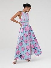 preiswerte Elegante Blumenkleider-Damen Neckholder-Kleid Kleid drucken Maxidress Gelb Blau Ärmellos Blumen / Pflanzen Rückenfrei Elastische Taille Print Sommer Halfterhals Urlaub XS S M