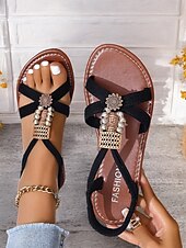 cheap Women&#039;s Sandals-Women&#039;s Black Bohemian Sandals with Beaded Embellishments, Cross Straps and Flat Sole for Summer Beachwear and Casual Outings