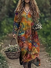 cheap Boho Dress-Women&#039;s Boho Dress Floral V Neck Maxi Dress Vintage Dress Print Dress Fashion Modern Summer Spring