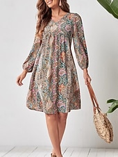 preiswerte Ausgefallene Kleider-Damen Minikleid Vintage-Kleid A Linie Kleid Boho-Kleid Stilvoll Brautkleider schlicht Urlaub Täglich Regular Fit Blumen Langarm V Ausschnitt Rote Sommer
