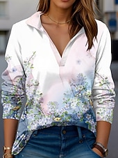 baratos Camiseta floral-Camiseta feminina moderna floral manga longa decote em V colarinho blusas regulares trabalho estampa preto rosa azul verde bege verão primavera outono